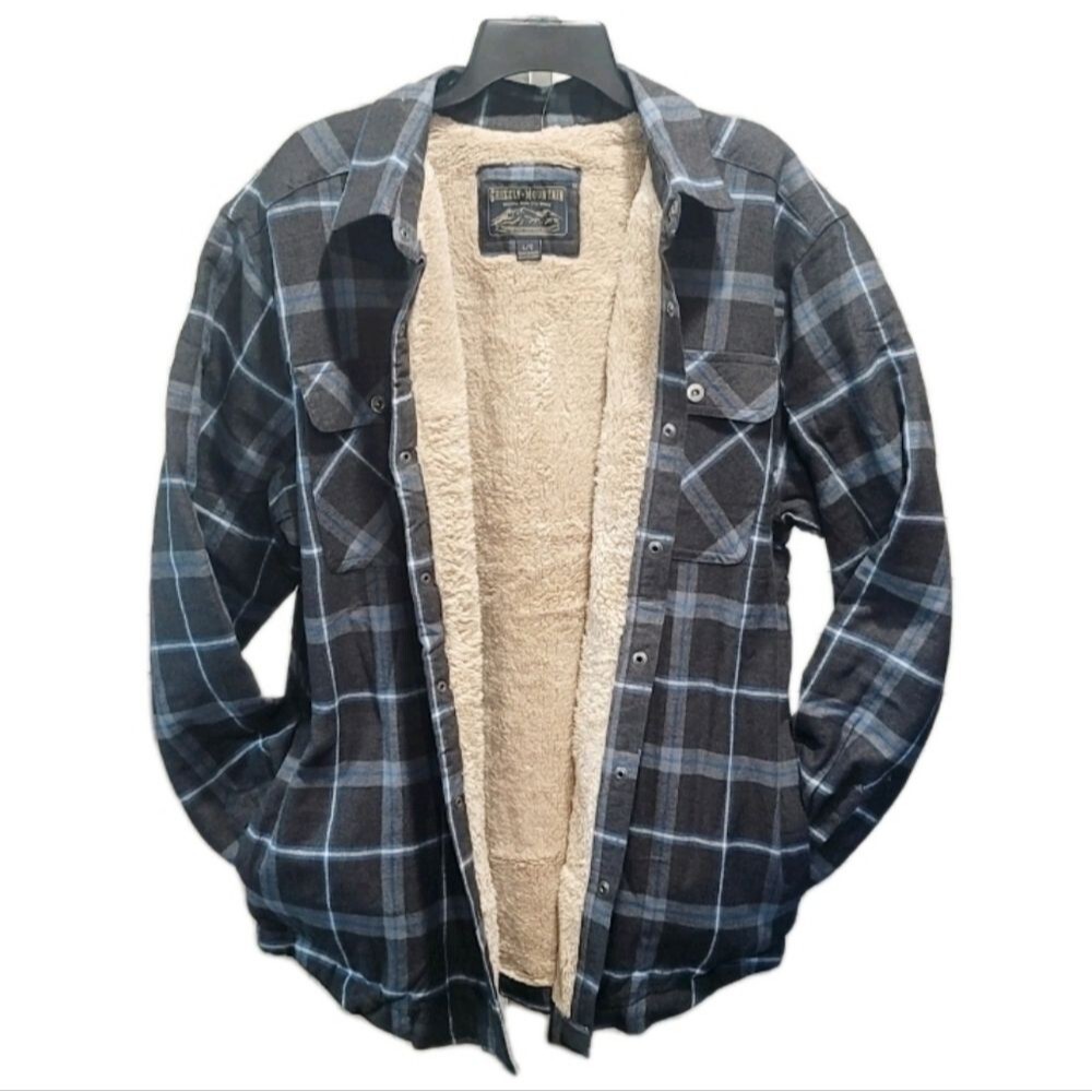 Grizzly Mountain Sherpa Lined Men's M Flannel Shirt Jacket Shacket Blue Plaid